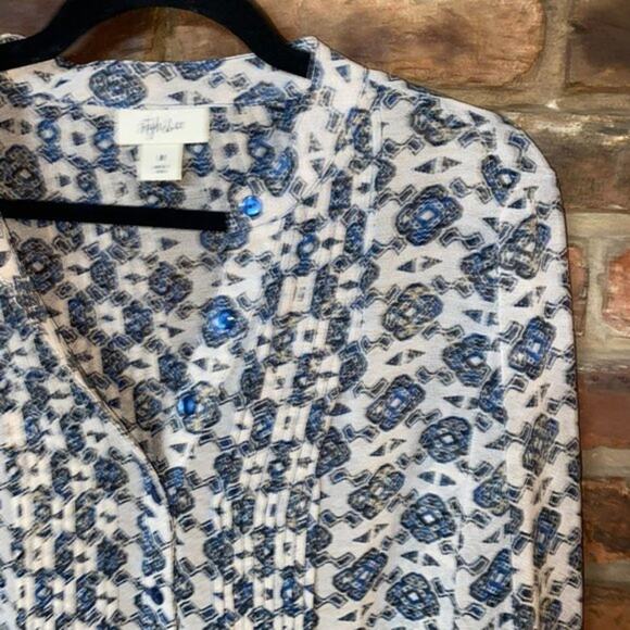 Style & Co Beige Blue Printed Button Down Tie Back Blouse Women's Size Medium - Picture 3 of 8